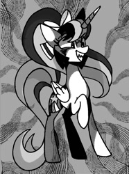 Size: 607x818 | Tagged: safe, artist:stacy_165cut, imported from derpibooru, oc, oc only, alicorn, pony, bow, female, folded wings, grin, hair bow, horn, mare, monochrome, raised hoof, sharp teeth, smiling, solo, teeth, wings