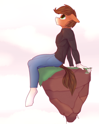 Size: 2800x3500 | Tagged: safe, artist:chapaevv, imported from derpibooru, oc, oc only, oc:iron aegis, anthro, earth pony, unguligrade anthro, clothes, denim, ears back, floating island, flower, high res, jeans, looking up, male, pants, patreon, patreon reward, rose, simple background, sky, solo