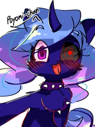 Size: 768x1024 | Tagged: safe, artist:pnpn_721, imported from derpibooru, oc, oc only, pony, unicorn, choker, female, horn, looking at you, mare, simple background, solo, spiked choker, spiked wristband, tongue out, white background, wristband