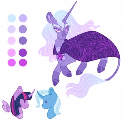 Size: 2048x2048 | Tagged: safe, artist:merviellee, imported from derpibooru, trixie, twilight sparkle, oc, oc:hecate, alicorn, female, lesbian, magical lesbian spawn, offspring, parent:trixie, parent:twilight sparkle, parents:twixie, shipping, simple background, twilight sparkle (alicorn), twixie, white background