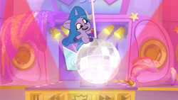Size: 3410x1920 | Tagged: safe, imported from derpibooru, screencap, izzy moonbow, pony, unicorn, spoiler:g5, spoiler:my little pony: tell your tale, spoiler:tyts01e15, cute, disco ball, female, filly, filly izzy moonbow, foal, g5, high res, izzybetes, making a foal of me, my little pony: tell your tale, open mouth, open smile, smiling, solo, younger, youtube link
