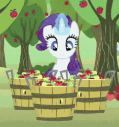 Size: 344x366 | Tagged: safe, imported from derpibooru, screencap, rarity, pony, unicorn, the super speedy cider squeezy 6000, animated, apple, eyeshadow, female, food, gif, magic, makeup, mare, solo, telekinesis, tree