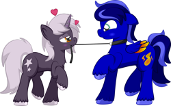 Size: 1920x1188 | Tagged: safe, artist:alexdti, imported from derpibooru, oc, oc only, pegasus, pony, unicorn, blushing, chest fluff, female, floating heart, heart, leash, male, mare, pet play, simple background, stallion, straight, transparent background
