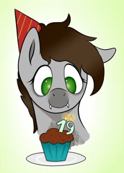 Size: 1192x1665 | Tagged: safe, artist:waffletheheadmare, imported from derpibooru, oc, oc only, oc:cj vampire, earth pony, pony, birthday, brown mane, bust, cupcake, digital art, fanart, fangs, food, gray coat, green eyes, hat, looking down, one ear down, party hat, plate, portrait