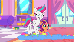 Size: 3410x1920 | Tagged: safe, imported from derpibooru, screencap, sunny starscout, zipp storm, earth pony, pegasus, pony, spoiler:g5, spoiler:my little pony: tell your tale, spoiler:tyts01e15, age regression, baby, baby pony, cute, duo, female, filly, filly sunny starscout, foal, g5, high res, making a foal of me, mare, my little pony: tell your tale, open mouth, smiling, sunnybetes, younger, youtube link