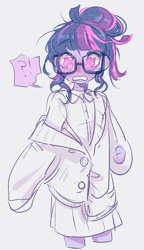 Size: 504x875 | Tagged: safe, artist:costly, imported from derpibooru, sci-twi, twilight sparkle, human, equestria girls, clothes, crying, exclamation point, female, glasses, interrobang, lab coat, looking at you, question mark, simple background, water, white background