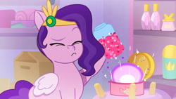 Size: 3410x1920 | Tagged: safe, imported from derpibooru, screencap, pipp petals, pegasus, pony, spoiler:g5, spoiler:my little pony: tell your tale, spoiler:tyts01e15, eyes closed, female, flashback, g5, glitter, high res, making a foal of me, mare, my little pony: tell your tale, solo, youtube link