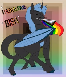 Size: 2213x2588 | Tagged: safe, artist:inisealga, imported from derpibooru, oc, oc only, oc:talon, changeling, dragon, hybrid, abstract background, butt, commission, hybrid oc, plot, pride, pride flag, progressive pride flag, solo, your character here