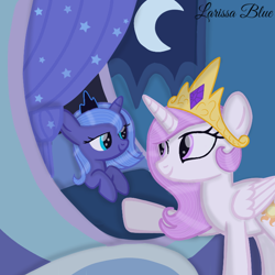 Size: 720x720 | Tagged: safe, artist:mlplary6, imported from derpibooru, princess celestia, princess luna, alicorn, pony, bed, female, filly, foal, looking at each other, lying down, mare, pink-mane celestia, royal sisters, s1 luna, sibling love, siblings, sisters, smiling, smiling at each other, young celestia, young luna