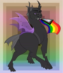 Size: 2217x2588 | Tagged: safe, artist:inisealga, imported from derpibooru, oc, oc only, oc:dagger tongue, changeling, abstract background, butt, changeling oc, commission, glasses, male, plot, pride, pride flag, progressive pride flag, purple changeling, solo, stallion, your character here