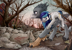 Size: 3378x2362 | Tagged: safe, artist:vendigo, imported from derpibooru, oc, oc only, oc:hooklined, earth pony, griffon, pony, carrying, destruction, detailed background, duo, holding a pony, its a lonely world, male, pond, ponies riding griffons, riding, rubble, scenery, wasteland, wood
