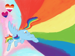 Size: 1600x1200 | Tagged: safe, artist:shiiiny, imported from derpibooru, rainbow dash, pegasus, pony, bisexual pride flag, female, flying, g4, heart, lesbian pride flag, mare, pride, pride flag, solo, sonic rainboom