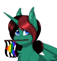 Size: 1266x1367 | Tagged: safe, artist:melodytheartpony, imported from derpibooru, oc, alicorn, pony, alicorn oc, cute, eyelashes, female, happy, horn, looking at you, mouth hold, pride, pride flag, pride month, signature, simple background, smiling, straight ally flag, white background, wings
