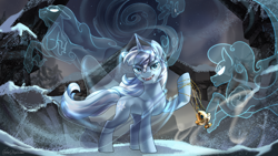 Size: 3840x2160 | Tagged: safe, artist:jedayskayvoker, imported from derpibooru, oc, oc only, oc:winter seraph, pony, unicorn, windigo, clothes, commission, detailed background, high res, horn, jewelry, open mouth, snow, unicorn oc