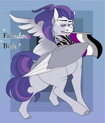 Size: 2302x2693 | Tagged: safe, artist:inisealga, imported from derpibooru, oc, oc only, oc:dreadbolt, pegasus, pony, abstract background, asexual, asexual pride flag, butt, commission, dock, male, mouth hold, pegasus oc, plot, pride, pride flag, scar, solo, spread wings, stallion, tail, tattoo, wings, your character here