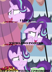 Size: 562x777 | Tagged: safe, edit, edited screencap, imported from derpibooru, screencap, starlight glimmer, pony, unicorn, rock solid friendship, season 7, comic, exploitable meme, implied tickling, meme, screencap comic, starlight's confessions, stupid, validation