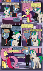 Size: 1920x3168 | Tagged: safe, artist:alexdti, imported from derpibooru, fluttershy, octavia melody, oc, oc:brainstorm (alexdti), oc:star logic, pegasus, pony, unicorn, comic:quest for friendship, ^^, bowtie, clothes, comic, dialogue, dot eyes, dress, ears back, eyes closed, female, folded wings, glowing, glowing horn, gritted teeth, high res, hooves behind head, horn, looking at someone, looking away, magic, male, mare, narrowed eyes, necktie, one ear down, open mouth, open smile, raised hoof, shadow, shrunken pupils, smiling, speech bubble, stallion, standing, tail, teeth, telekinesis, two toned mane, two toned tail, unicorn oc, wall of tags, wings