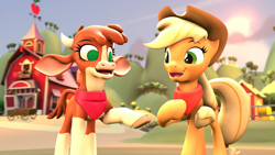 Size: 1920x1080 | Tagged: safe, artist:pika-robo, imported from derpibooru, applejack, cow, earth pony, pony, them's fightin' herds, 3d, accessory, arizona (tfh), barn, clothes, cloven hooves, community related, crossover, duo, female, fence, neckerchief, raised hoof, revamped ponies, scarf, source filmmaker, sweet apple acres