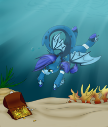 Size: 1700x2000 | Tagged: safe, artist:ohhoneybee, imported from derpibooru, oc, oc only, hybrid, merpony, original species, pony, shark, shark pony, blue eyes, blue mane, commission, coral, crepuscular rays, fins, fish tail, gold, jewelry, necklace, ocean, seaweed, solo, spread wings, sunlight, swimming, tail, treasure chest, underwater, water, wings