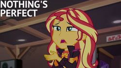 Size: 1280x720 | Tagged: safe, edit, edited screencap, editor:quoterific, imported from derpibooru, screencap, sunset shimmer, human, equestria girls, equestria girls series, sunset's backstage pass!, spoiler:eqg series (season 2), clothes, female, jacket, music festival outfit, open mouth, solo, text