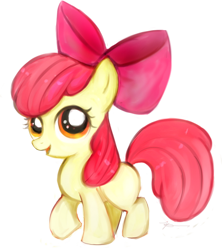 Size: 500x564 | Tagged: safe, artist:laalaachii, imported from derpibooru, apple bloom, earth pony, pony, female, filly, foal, happy, looking at you, open mouth, open smile, raised hoof, simple background, smiling, solo, transparent background