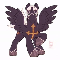 Size: 2048x2048 | Tagged: safe, artist:dirtyfox911911, imported from derpibooru, alicorn, pony, anime, crossover, enrico pucci, jojo's bizarre adventure, male, ponified, simple background, solo, spread wings, stallion, stone ocean, white background, wings