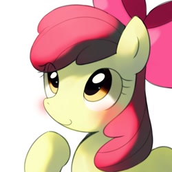 Size: 1500x1500 | Tagged: safe, artist:maren, imported from derpibooru, apple bloom, earth pony, pony, adorabloom, blushing, cute, female, filly, foal, raised hoof, simple background, smiling, solo, white background