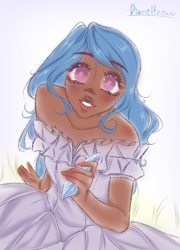 Size: 771x1068 | Tagged: safe, artist:diameltzowo, imported from derpibooru, izzy moonbow, human, clothes, crystal, dark skin, dress, female, g5, girly, humanized, looking at you, looking up, pastel, pretty, simple background, soft, solo