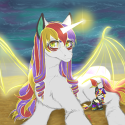 Size: 3000x3000 | Tagged: safe, imported from derpibooru, oc, pony, pony town, bat wings, beach, cloud, curly hair, ear fluff, female, glasses, horn, long hair, mare, multicolored hair, night, ocean, sitting, smiling, solo, transformation, water, wings