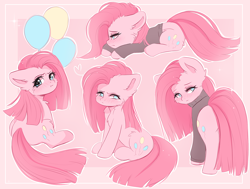 Size: 1056x800 | Tagged: safe, artist:valeria_fills, imported from derpibooru, pinkie pie, earth pony, pony, clothes, female, looking back, lying down, mare, pink background, pinkamena diane pie, prone, simple background, sitting