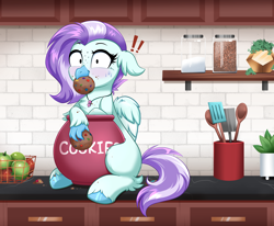 Size: 4000x3298 | Tagged: safe, artist:confetticakez, imported from derpibooru, oc, oc:ocean breeze, oc:ocean breeze (savygriffs), classical hippogriff, hippogriff, blushing, commission, cookie, cookie jar, cookie thief, cute, food, hippogriff oc, kitchen, ocbetes, thief, ych result