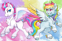 Size: 5352x3568 | Tagged: safe, artist:lightisanasshole, imported from derpibooru, rainbow dash, zipp storm, pegasus, pony, abstract background, bipedal, cheek fluff, chest fluff, colored hooves, colored wings, duo, duo female, ear fluff, faic, female, g5, hoof fluff, looking at you, looking back, raised hooves, smug, smugdash, spread wings, traditional art, watercolor painting, wings