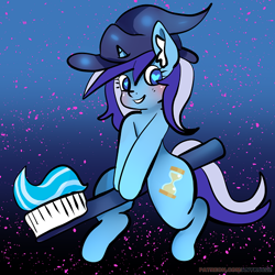 Size: 534x534 | Tagged: safe, artist:anykoe, imported from derpibooru, minuette, pony, semi-anthro, unicorn, hat, heart, heart eyes, night, solo, toothbrush, toothpaste, wingding eyes, witch, witch hat