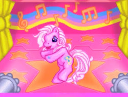 Size: 339x257 | Tagged: safe, imported from derpibooru, pinkie pie (g3), earth pony, pony, bipedal, curtains, dancing, female, g3, game, mare, music notes, pinkie pie's party, rainbow, smiling, spotlight, stars, youtube link