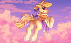 Size: 1890x1152 | Tagged: safe, artist:airiniblock, imported from derpibooru, oc, oc only, oc:amber streak, pegasus, pony, bow, butt, cloud, pegasus oc, plot, rcf community, sky, solo, wings