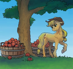 Size: 900x854 | Tagged: safe, artist:adeptus-monitus, imported from derpibooru, applejack, earth pony, pony, apple, apple basket, cowboy hat, female, food, hat, mare, raised hoof, solo, tree