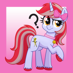 Size: 2048x2048 | Tagged: safe, artist:whitequartztheartist, imported from derpibooru, oc, oc only, oc:cinnamon lightning, pony, unicorn, abstract background, bell, bell collar, bow, collar, commission, confused, female, full body, hair bow, high res, hooves, horn, mare, question mark, raised eyebrow, raised hoof, solo, standing, tail, two toned mane, two toned tail, unicorn oc