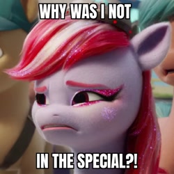 Size: 920x920 | Tagged: safe, edit, edited screencap, imported from derpibooru, screencap, sugar moonlight, earth pony, pony, spoiler:my little pony: a new generation, anti-mind reading cap, caption, cropped, female, g5, glitter, image macro, mare, my little pony: a new generation, solo focus, text, text edit