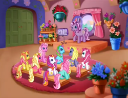 Size: 496x380 | Tagged: safe, imported from derpibooru, screencap, daisyjo, desert rose, gem blossom, minty, pinkie pie (g3), rainbow dash (g3), sunny daze (g3), wysteria, earth pony, pony, the princess promenade, bench, curtains, female, flower, flower pot, forsythia (g3), g3, mare, sheet music, window, youtube link