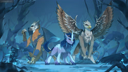 Size: 3734x2100 | Tagged: safe, artist:littlepolly, imported from derpibooru, oc, oc only, oc:makari, oc:ospreay, oc:tundra, griffon, kirin, armor, badass, blade, forest, griffon oc, talons, weapon, wingblade