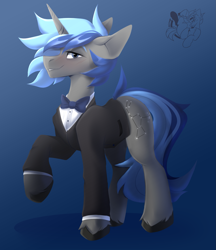 Size: 1569x1813 | Tagged: safe, artist:mirage, imported from derpibooru, oc, oc only, oc:orion, pony, unicorn, advertisement, blue background, clothes, commission, commission info, commission open, male, simple background, solo, tuxedo
