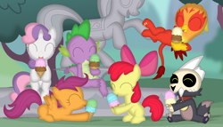 Size: 3528x2015 | Tagged: safe, artist:porygon2z, imported from derpibooru, apple bloom, scootaloo, spike, sweetie belle, oc, oc:heatwave, dragon, earth pony, griffon, pegasus, pony, unicorn, broken horn, collar, crossover, cutie mark crusaders, food, griffon oc, horn, ice cream, king clawthorne, movie accurate, pet tag, skull, statue, the owl house, titan, tree