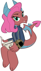 Size: 1962x3364 | Tagged: safe, artist:ponygamer2020, idw, imported from derpibooru, mina, dragon, fallout equestria, friends forever, spoiler:comic, spoiler:comicff14, bedroom eyes, book, claws, clothes, dragon wings, dragoness, fallout, fallout 3, fangs, female, horns, idw showified, jumpsuit, looking at you, pipboy, simple background, smiling, smiling at you, solo, transparent background, vault suit, vector, wasteland survival guide, wings