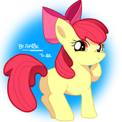 Size: 800x800 | Tagged: safe, artist:apppprik, imported from derpibooru, apple bloom, earth pony, pony, blank flank, butt, female, filly, foal, hoof on chin, plot, smiling, solo