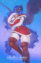 Size: 835x1280 | Tagged: safe, artist:rajas_ledies, imported from derpibooru, princess luna, alicorn, anthro, boots, breasts, busty princess luna, christmas, clothes, costume, gloves, holiday, knee-high boots, long gloves, santa costume, shoes, socks, solo, spread wings, thigh highs, wings