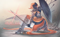 Size: 1280x797 | Tagged: safe, artist:rajas_ledies, imported from derpibooru, oc, anthro, earth pony, plantigrade anthro, armor, arrow, big breasts, breasts, cleavage, female, huge breasts, kneeling, knight, mare, shield, solo, sword, weapon