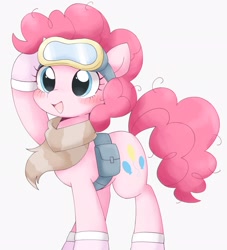 Size: 1859x2048 | Tagged: safe, artist:ginmaruxx, artist:kuzuyukuro, imported from derpibooru, pinkie pie, earth pony, pony, bag, blushing, clothes, cute, diapinkes, female, goggles, mare, open mouth, open smile, raised hoof, scarf, simple background, smiling, solo, white background