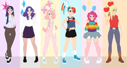 Size: 9280x5000 | Tagged: safe, artist:ohhoneybee, edit, editor:edits of hate, imported from twibooru, applejack, fluttershy, pinkie pie, rainbow dash, rarity, twilight sparkle, human, abs, absurd resolution, alternate hairstyle, applejack's hat, blushing, boots, braid, breasts, clothes, cowboy boots, cowboy hat, cutie mark, elf ears, eyeshadow, female, females only, fingerless gloves, gloves, hat, heart, height difference, high heel boots, humanized, image, jeans, light skin, line-up, makeup, mane six, multicolored hair, nail polish, overalls, painted nails, pants, peace sign, piercing, png, rainbow hair, red lipstick, scar, shoes, shorts, skirt, smiling, sneakers, socks, sports shorts, standing, stockings, sweater, tanktop, thigh highs, turtleneck