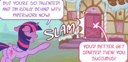 Size: 380x186 | Tagged: safe, artist:dilarus, edit, imported from twibooru, twilight sparkle, alicorn, pony, comic:royal tease, cropped, dialogue, door, door slam, female, floppy ears, horn, image, implied pinkie pie, kicked out, mare, png, speech bubble, sugarcube corner, sweat, text, twilight sparkle (alicorn), wings