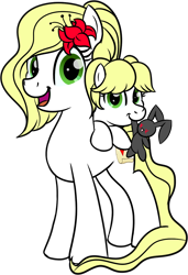 Size: 938x1368 | Tagged: safe, artist:trash anon, imported from ponybooru, oc, oc only, oc:epithumia, oc:philia, earth pony, pony, rabbit, animal, bangs, blonde, blonde mane, blue sclera, earth pony oc, female, flower, flower in hair, foal, green eyes, looking at you, mouth hold, open mouth, open smile, pigtails, plushie, ponybooru collab 2022, siblings, simple background, sisters, smiling, standing